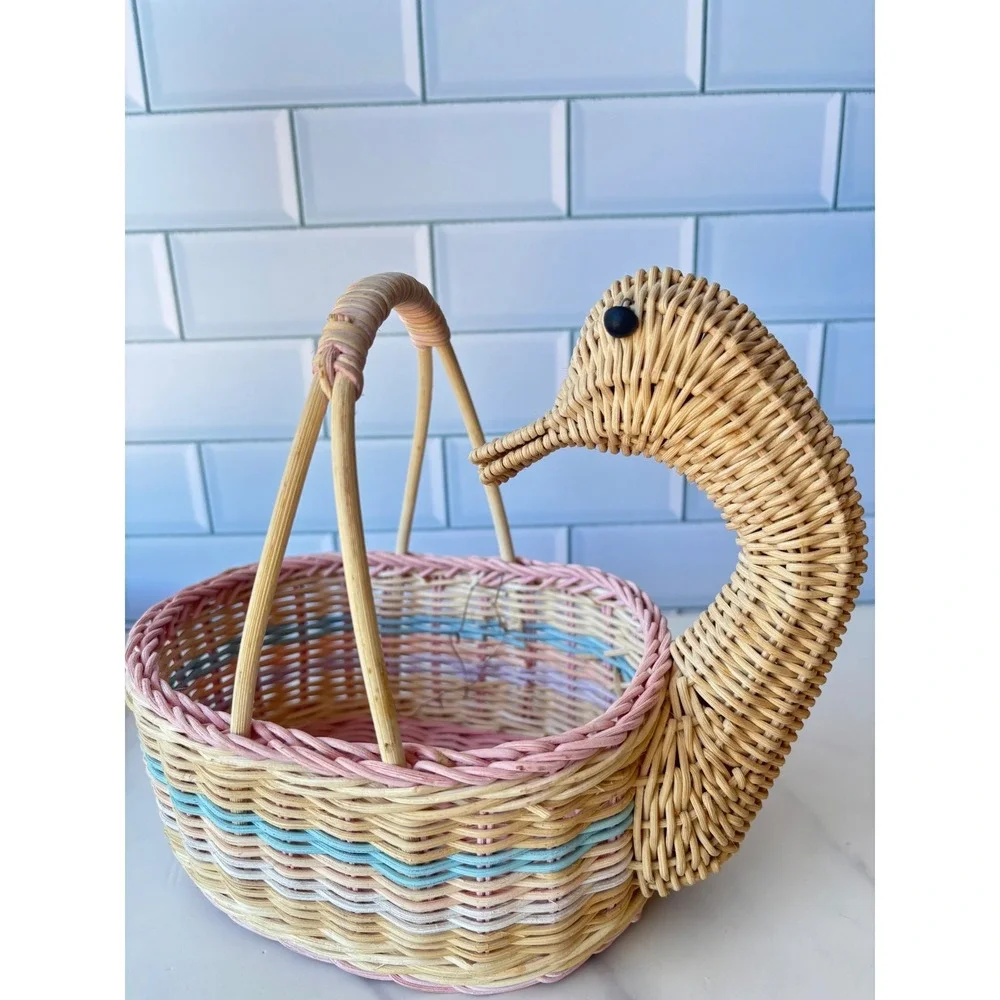 Vintage Woven Wicker Duck Basket Pastel‎ Pink Blue Figural Animal Easter Decor